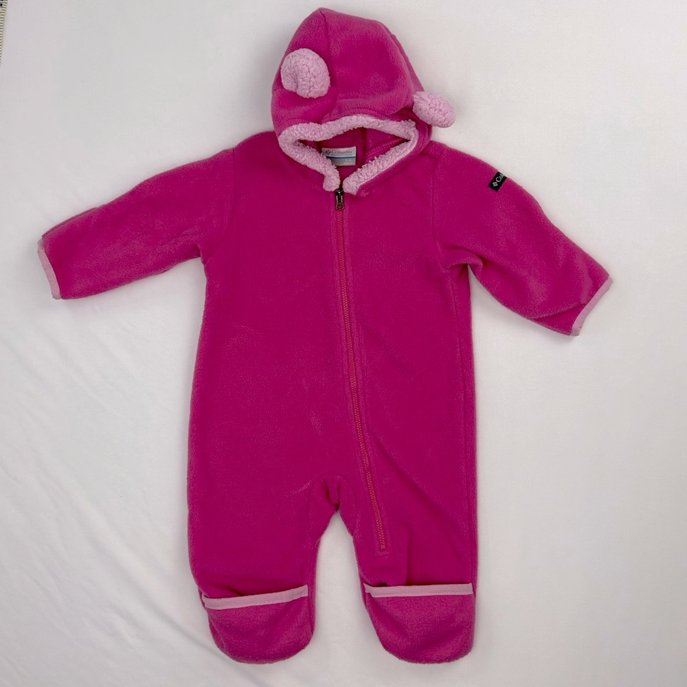 Columbia Fuzzy Bear Suit Pink Sherpa 3-6 month Winter Optional Foot Vintage